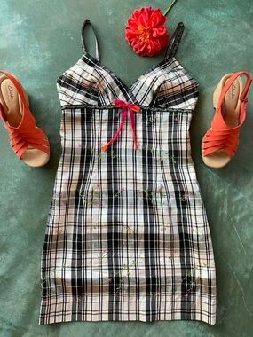 Nicole Miller Black and White Plaid Silk Slip Dress